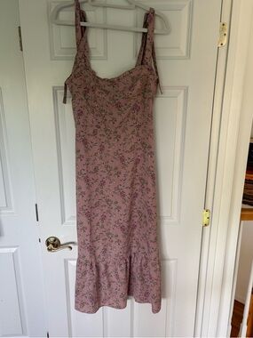 Tie-Shoulder Floral Midi Dress in Dusty Rose